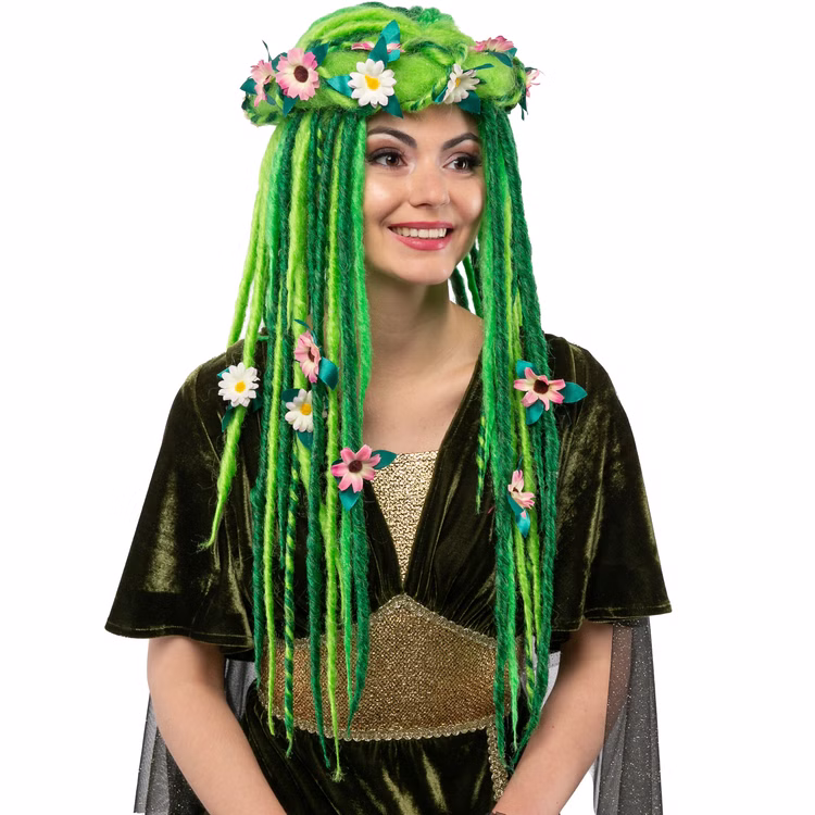 Waldfee Perücke Flora Grün Langhaar mit Filzlocken & Blumenkranz für Damen Kostüm-Zubehör Fasching Karneval Mottoparty Märchen Frontansicht einer Waldfee-Perücke in Grün mit langen, gefilzten Strähnen und einem floralen Blumenkranz aus rosa und weißen Blüten.