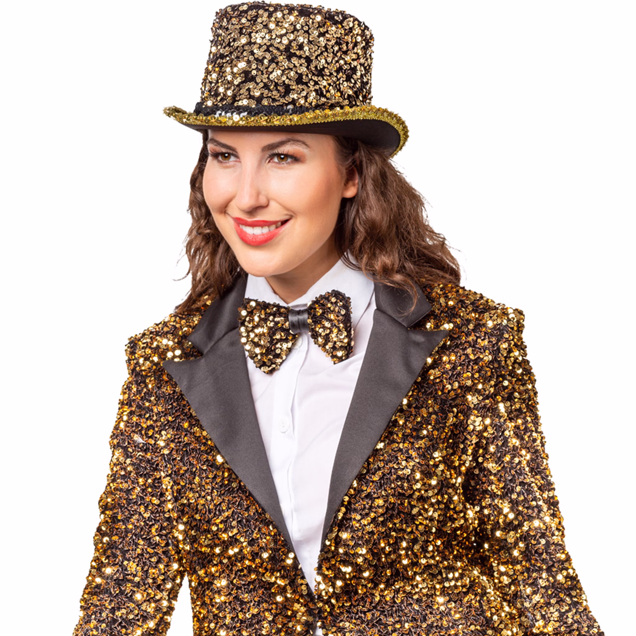 Zylinder Gold mit Pailletten Silvester Party Kostüm-Zubehör für Erwachsene Gatsby-Party 20er Jahre Mottoparty Fasching Karneval Silvesterparty Neujahr Fasching Karneval Eine Frau trägt einen goldenen Pailletten-Zylinder und eine passende glitzernde Jacke mit Fliege. Der Zylinderhut ist als funkelndes Kostümzubehör für Partys und Karneval dargestellt.