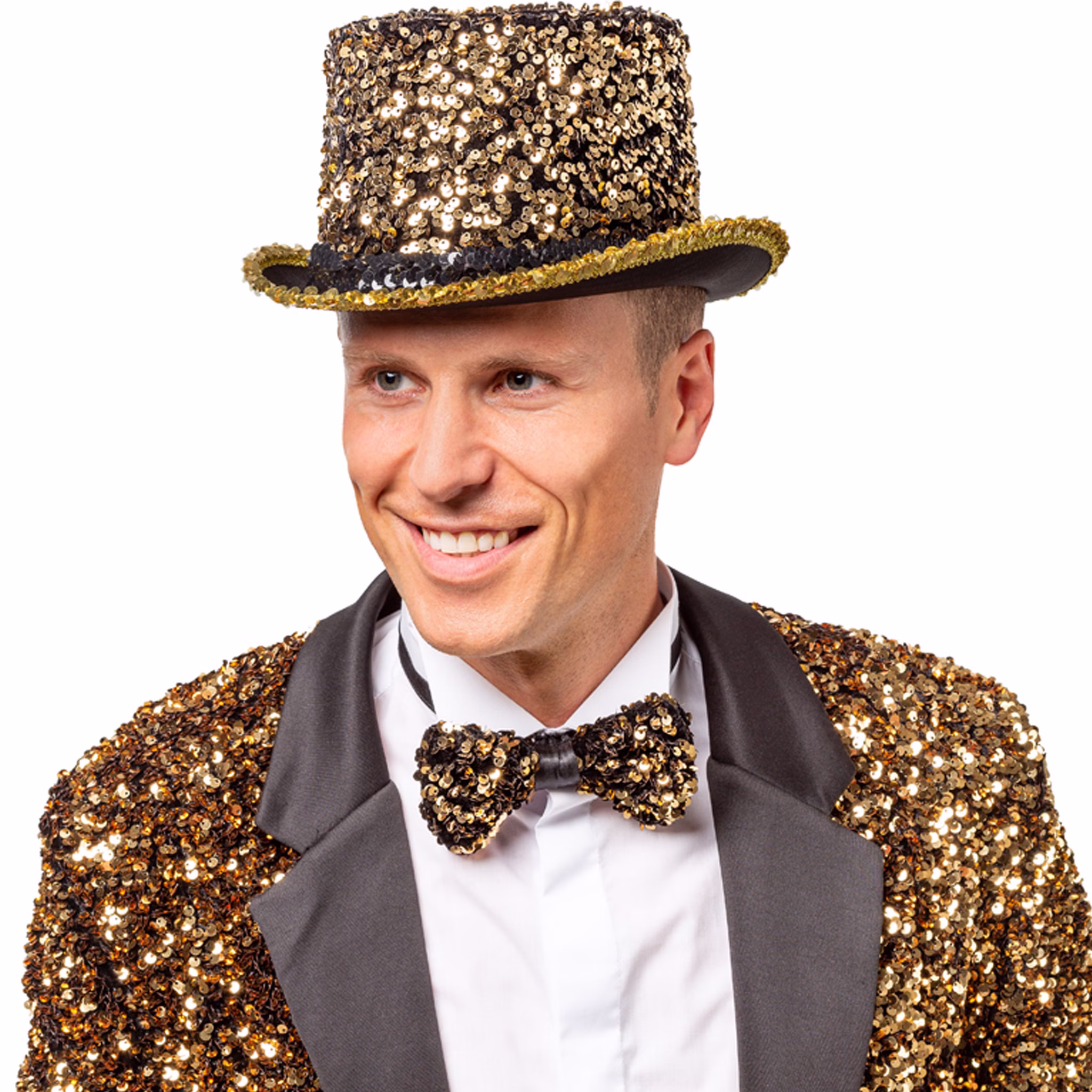Zylinder Gold mit Pailletten Silvester Party Kostüm-Zubehör für Erwachsene Gatsby-Party 20er Jahre Mottoparty Fasching Karneval Silvesterparty Neujahr Fasching Karneval Ein Mann trägt einen goldenen Pailletten-Zylinder und eine dazu passende, glitzernde Jacke mit Paillettenfliege. Der Hut wird als glamouröses Party- und Kostüm-Accessoire gezeigt.