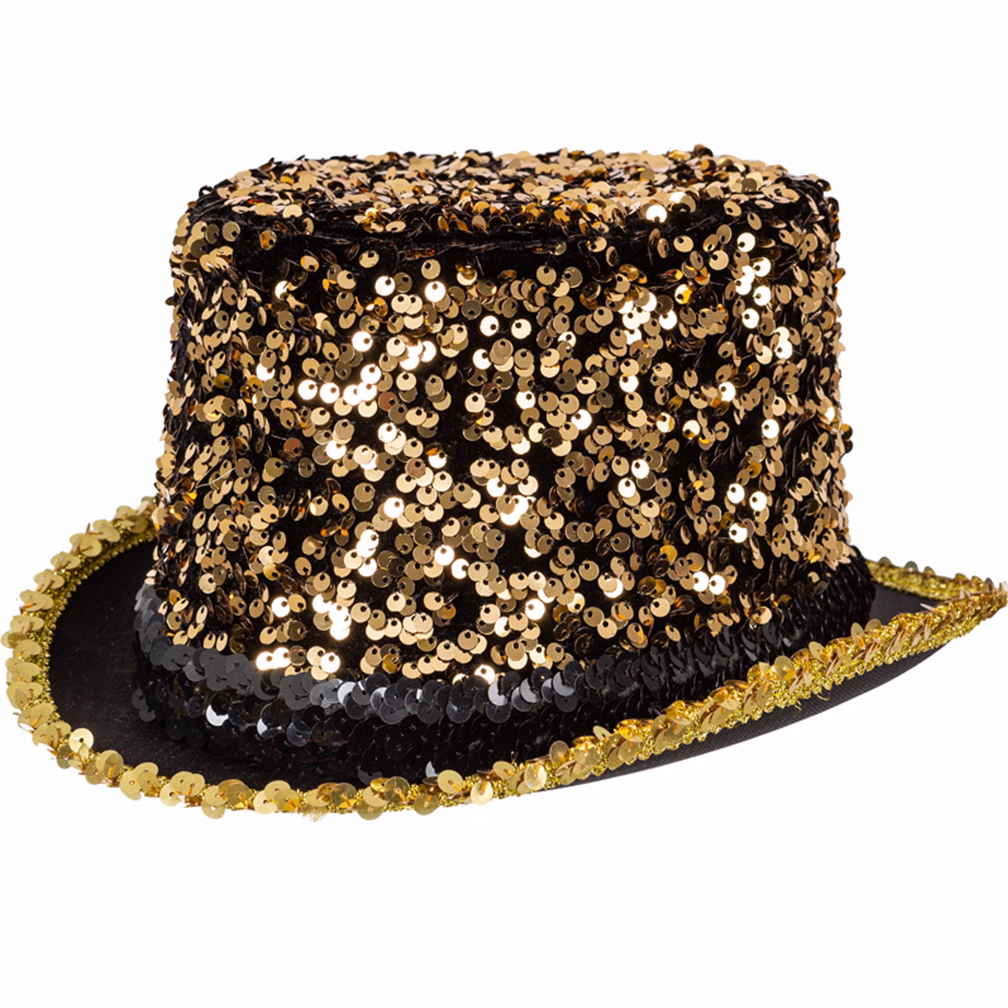 Zylinder Gold mit Pailletten Silvester Party Kostüm-Zubehör für Erwachsene Gatsby-Party 20er Jahre Mottoparty Fasching Karneval Silvesterparty Neujahr Fasching Karneval Goldener Pailletten-Zylinder für Erwachsene in Nahaufnahme, mit funkelndem Hutband und schwarzer Hutbasis – ideal für Silvester, Karneval und Motto-Partys.