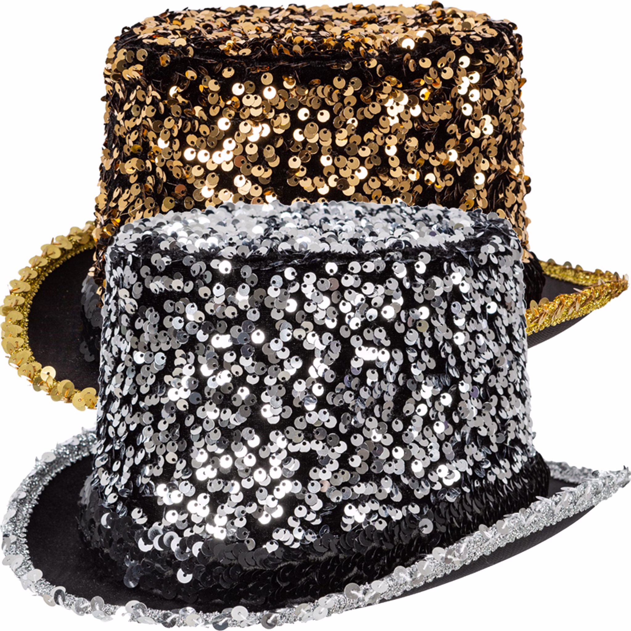 Zylinder Gold mit Pailletten Silvester Party Kostüm-Zubehör für Erwachsene Gatsby-Party 20er Jahre Mottoparty Fasching Karneval Silvesterparty Neujahr Fasching Karneval Zwei übereinander gestapelte, glitzernde Zylinderhüte für Erwachsene: ein goldener und ein silberner Paillettenhut mit schwarzer Basis und funkelndem Rand.