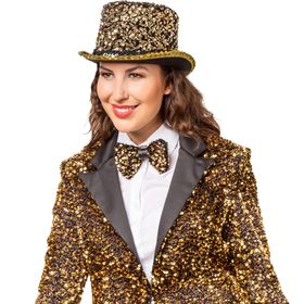 Goldener Pailletten-Zylinder für Erwachsene in Nahaufnahme, mit funkelndem Hutband und schwarzer Hutbasis – ideal für Silvester, Karneval und Motto-Partys.