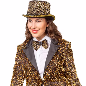 Zylinder Gold mit Pailletten Silvester Party Kostüm-Zubehör für Erwachsene Gatsby-Party 20er Jahre Mottoparty Fasching Karneval Silvesterparty Neujahr Fasching Karneval Eine Frau trägt einen goldenen Pailletten-Zylinder und eine passende glitzernde Jacke mit Fliege. Der Zylinderhut ist als funkelndes Kostümzubehör für Partys und Karneval dargestellt.
