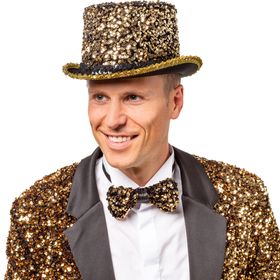 Goldener Pailletten-Zylinder für Erwachsene in Nahaufnahme, mit funkelndem Hutband und schwarzer Hutbasis – ideal für Silvester, Karneval und Motto-Partys.