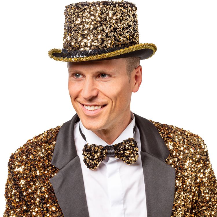 Zylinder Gold mit Pailletten Silvester Party Kostüm-Zubehör für Erwachsene Goldener Pailletten-Zylinder für Erwachsene in Nahaufnahme, mit funkelndem Hutband und schwarzer Hutbasis – ideal für Silvester, Karneval und Motto-Partys.