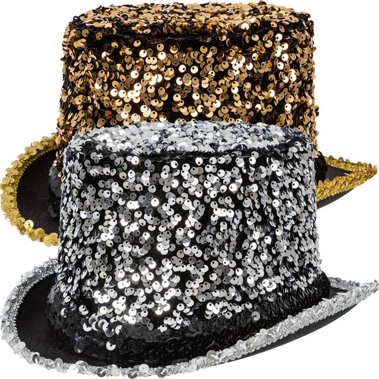 Zylinder Gold mit Pailletten Silvester Party Kostüm-Zubehör für Erwachsene Goldener Pailletten-Zylinder für Erwachsene in Nahaufnahme, mit funkelndem Hutband und schwarzer Hutbasis – ideal für Silvester, Karneval und Motto-Partys.