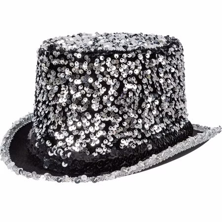 Zylinder Silber mit Pailletten Silvester Party Kostüm-Zubehör für Erwachsene Gatsby-Party 20er Jahre Mottoparty Fasching Karneval Silvesterparty Neujahr Fasching Karneval Silberner Pailletten-Zylinder für Erwachsene in Nahaufnahme, mit funkelndem Hutband und schwarzer Hutbasis – ideal für Silvester, 20er Jahre und Kostümpartys.