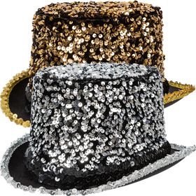 Silberner Pailletten-Zylinder für Erwachsene in Nahaufnahme, mit funkelndem Hutband und schwarzer Hutbasis – ideal für Silvester, 20er Jahre und Kostümpartys.