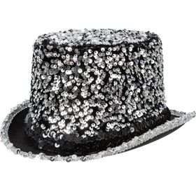 Silberner Pailletten-Zylinder für Erwachsene in Nahaufnahme, mit funkelndem Hutband und schwarzer Hutbasis – ideal für Silvester, 20er Jahre und Kostümpartys.