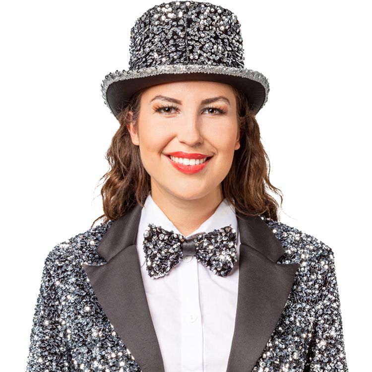 Zylinder Silber mit Pailletten Silvester Party Kostüm-Zubehör für Erwachsene Silberner Pailletten-Zylinder für Erwachsene in Nahaufnahme, mit funkelndem Hutband und schwarzer Hutbasis – ideal für Silvester, 20er Jahre und Kostümpartys.