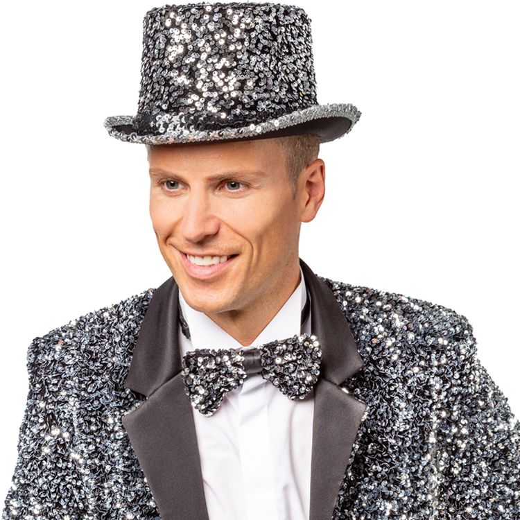 Zylinder Silber mit Pailletten Silvester Party Kostüm-Zubehör für Erwachsene Silberner Pailletten-Zylinder für Erwachsene in Nahaufnahme, mit funkelndem Hutband und schwarzer Hutbasis – ideal für Silvester, 20er Jahre und Kostümpartys.
