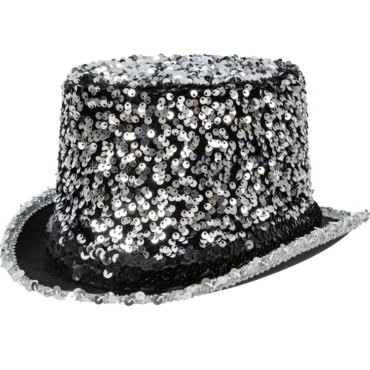 Zylinder Silber mit Pailletten Silvester Party Kostüm-Zubehör für Erwachsene Silberner Pailletten-Zylinder für Erwachsene in Nahaufnahme, mit funkelndem Hutband und schwarzer Hutbasis – ideal für Silvester, 20er Jahre und Kostümpartys.