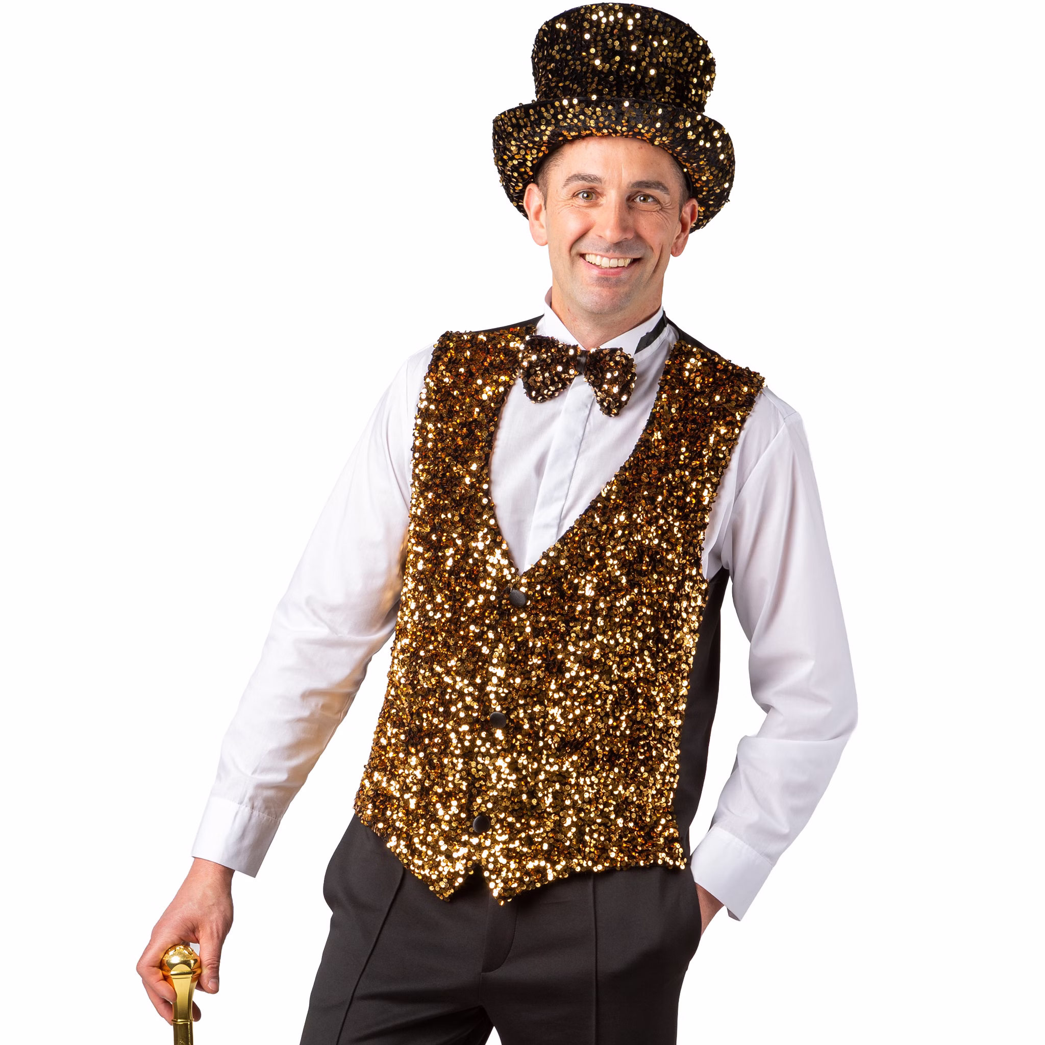 Ein Erwachsener trägt eine goldene Paillettenweste mit passender Fliege und Zylinder. Die Weste wird als glänzendes Kostüm-Accessoire für Karneval, Silvester und Bühnenauftritte präsentiert.