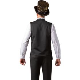 Ein Erwachsener trägt eine goldene Paillettenweste mit passender Fliege und Zylinder. Die Weste wird als glänzendes Kostüm-Accessoire für Karneval, Silvester und Bühnenauftritte präsentiert.