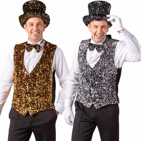 Weste mit Pailletten Gold Silvester Party-Outfit für Herren Gr. 49-58 Kostüm-Zubehör Gatsby 20er Jahre Mottoparty Fasching Karneval Weihnachten Zwei erwachsene Personen tragen glitzernde Paillettenwesten in Gold und Silber mit passenden Zylindern und Fliegen. Die Westen werden als festliche Kostüm- und Partybekleidung gezeigt.