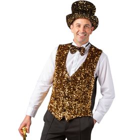 Ein Erwachsener trägt eine goldene Paillettenweste mit passender Fliege und Zylinder. Die Weste wird als glänzendes Kostüm-Accessoire für Karneval, Silvester und Bühnenauftritte präsentiert.