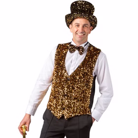 Weste mit Pailletten Gold Silvester Party-Outfit für Herren Gr. 49-58 Kostüm-Zubehör Gatsby 20er Jahre Mottoparty Fasching Karneval Weihnachten Ein Erwachsener trägt eine goldene Paillettenweste mit passender Fliege und Zylinder. Die Weste wird als glänzendes Kostüm-Accessoire für Karneval, Silvester und Bühnenauftritte präsentiert.