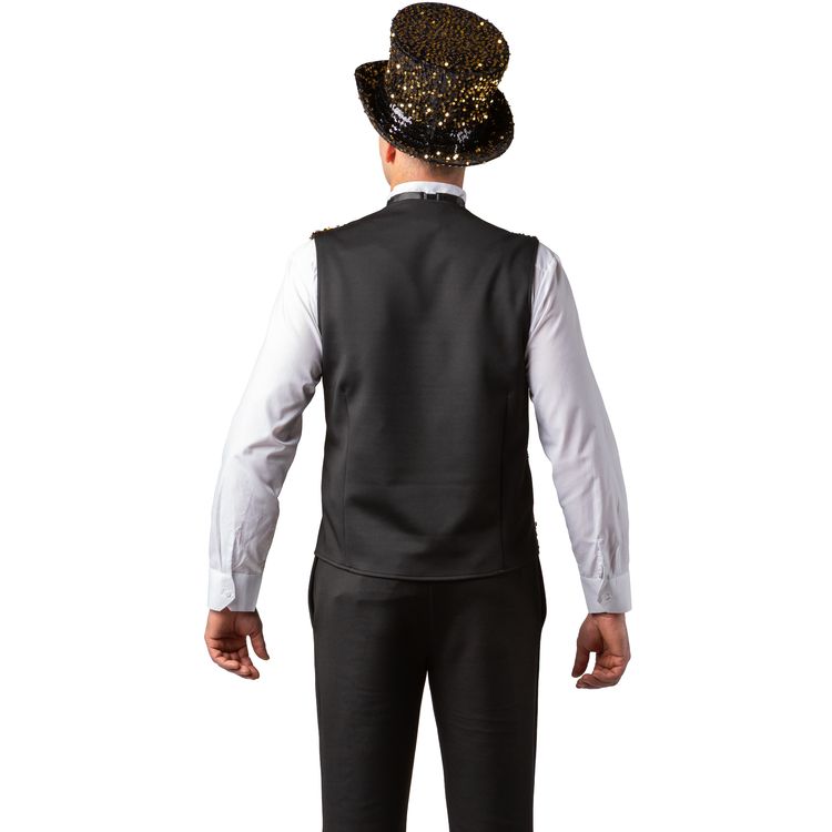 Weste mit Pailletten Gold Silvester Party-Outfit für Herren Ein Erwachsener trägt eine goldene Paillettenweste mit passender Fliege und Zylinder. Die Weste wird als glänzendes Kostüm-Accessoire für Karneval, Silvester und Bühnenauftritte präsentiert.