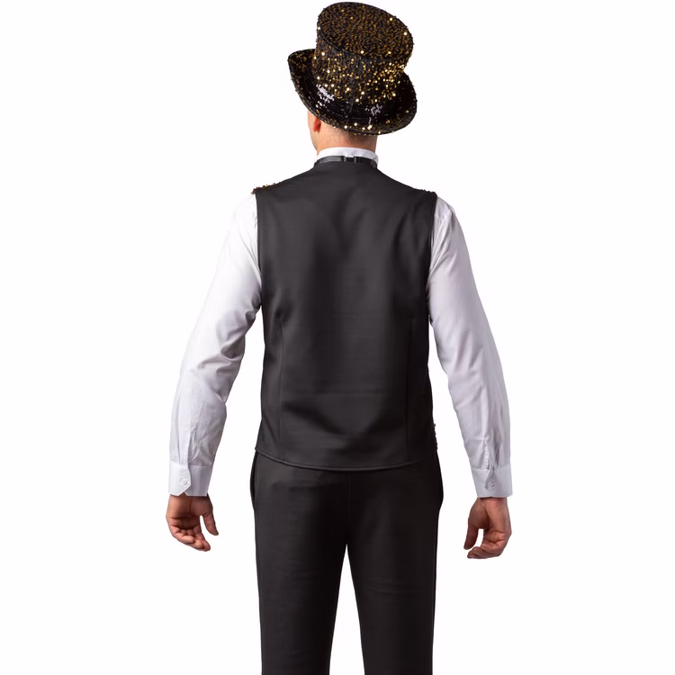 Weste mit Pailletten Gold Silvester Party-Outfit für Herren Gr. 49-58 Kostüm-Zubehör Gatsby 20er Jahre Mottoparty Fasching Karneval Weihnachten Ein Mann trägt eine Paillettenweste mit goldenem Zylinder. Das Bild zeigt die Rückseite der Weste mit schwarzem Stoff.