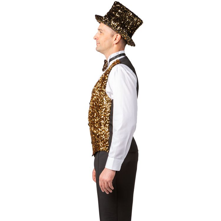 Weste mit Pailletten Gold Silvester Party-Outfit für Herren Ein Erwachsener trägt eine goldene Paillettenweste mit passender Fliege und Zylinder. Die Weste wird als glänzendes Kostüm-Accessoire für Karneval, Silvester und Bühnenauftritte präsentiert.