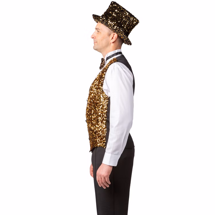 Weste mit Pailletten Gold Silvester Party-Outfit für Herren Gr. 49-58 Kostüm-Zubehör Gatsby 20er Jahre Mottoparty Fasching Karneval Weihnachten Ein Mann trägt eine goldene Paillettenweste, ein weißes Hemd und einen passenden goldenen Zylinder. Die Seitenansicht zeigt den Schnitt und die Passform der Weste.