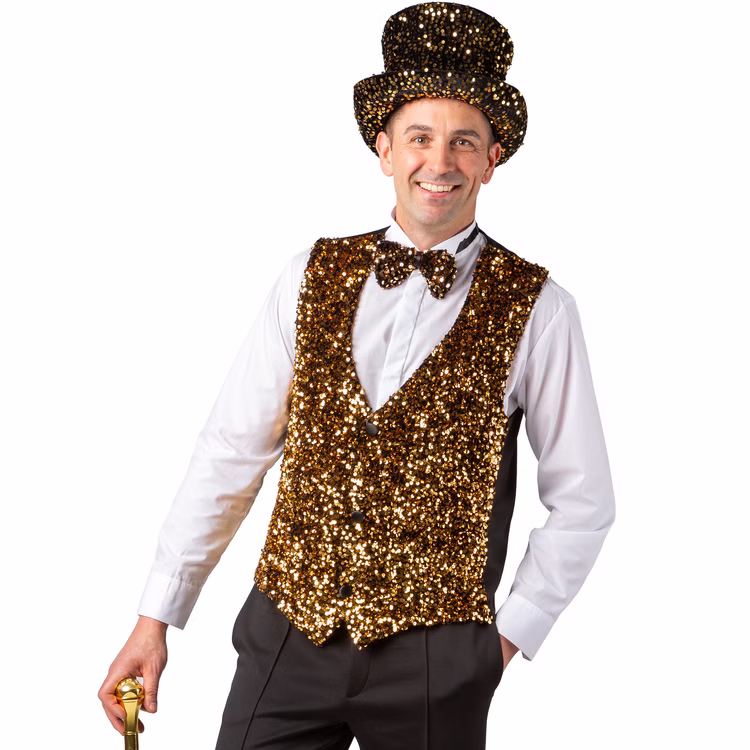 Weste mit Pailletten Gold Silvester Party-Outfit für Herren Gr. 49-58 Kostüm-Zubehör Gatsby 20er Jahre Mottoparty Fasching Karneval Weihnachten Ein Erwachsener trägt eine goldene Paillettenweste mit passender Fliege und Zylinder. Die Weste wird als glänzendes Kostüm-Accessoire für Karneval, Silvester und Bühnenauftritte präsentiert.