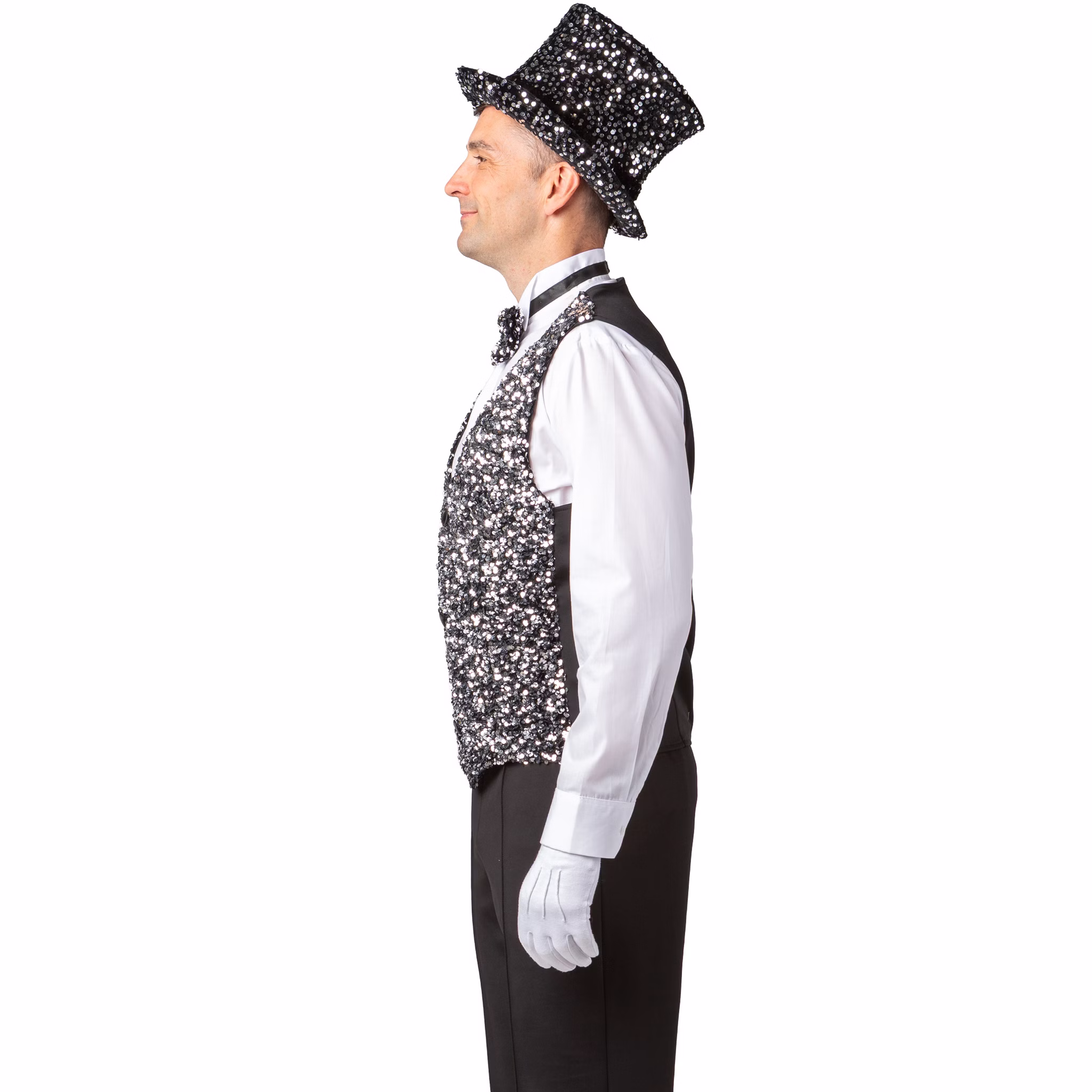 Weste mit Pailletten Silber Silvester Party-Outfit für Herren Gr. 49-58 Kostüm-Zubehör Gatsby 20er Jahre Mottoparty Fasching Karneval Weihnachten Ein Erwachsener trägt eine silberne Paillettenweste mit weißem Hemd und passendem Zylinder. Die Seitenansicht zeigt Passform und Glitzeroptik des Kostümteils.