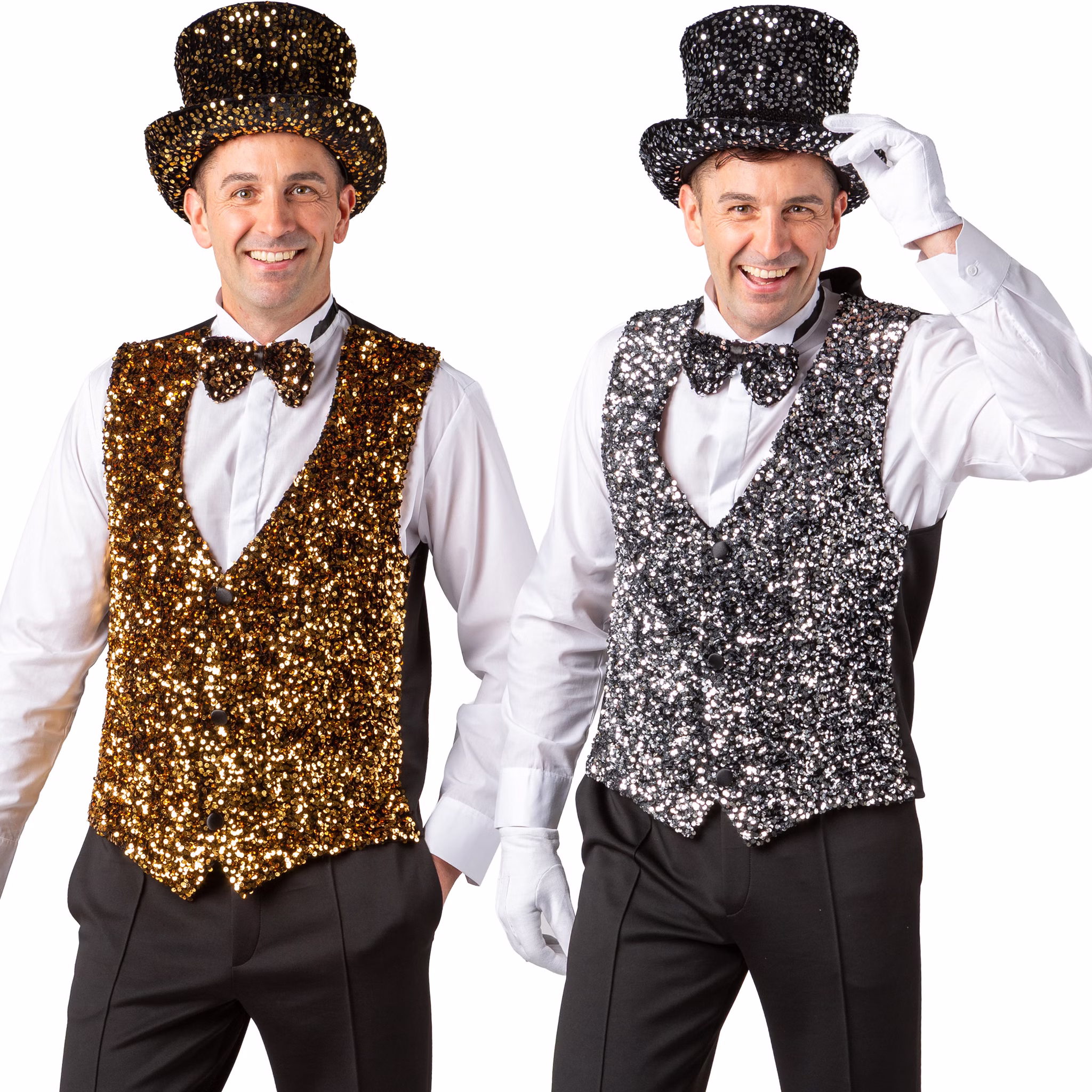 Weste mit Pailletten Silber Silvester Party-Outfit für Herren Gr. 49-58 Kostüm-Zubehör Gatsby 20er Jahre Mottoparty Fasching Karneval Weihnachten Zwei erwachsene Personen tragen Paillettenwesten in Gold und Silber mit passenden Zylindern. Die Westen werden als glitzernde Kostüm- und Partybekleidung für Herren gezeigt.