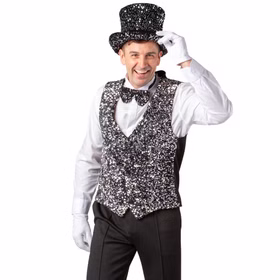 Weste mit Pailletten Silber Silvester Party-Outfit für Herren Gr. 49-58 Kostüm-Zubehör Gatsby 20er Jahre Mottoparty Fasching Karneval Weihnachten Ein Erwachsener trägt eine silberne Paillettenweste und einen Zylinderhut. Das Bild zeigt die Rückseite der Weste mit schwarzem Stoff.
