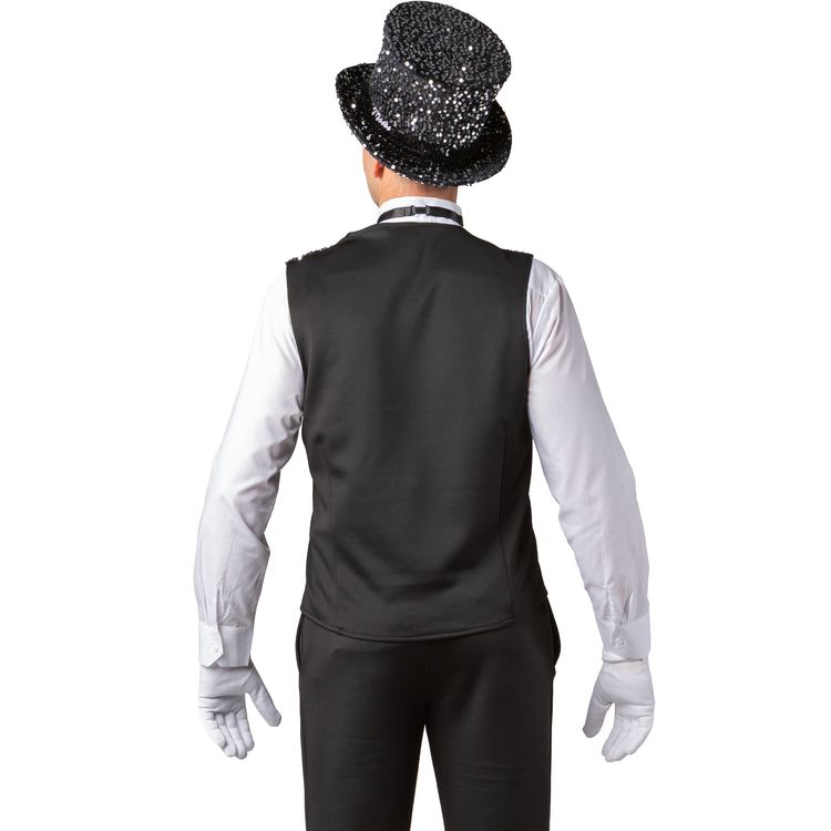 Weste mit Pailletten Silber Silvester Party-Outfit für Herren Ein Erwachsener trägt eine silberne Paillettenweste und einen Zylinderhut. Das Bild zeigt die Rückseite der Weste mit schwarzem Stoff.