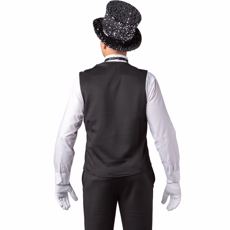 Weste mit Pailletten Silber Silvester Party-Outfit für Herren Gr. 49-58 Kostüm-Zubehör Gatsby 20er Jahre Mottoparty Fasching Karneval Weihnachten Ein Erwachsener trägt eine silberne Paillettenweste und einen Zylinderhut. Das Bild zeigt die Rückseite der Weste mit schwarzem Stoff.