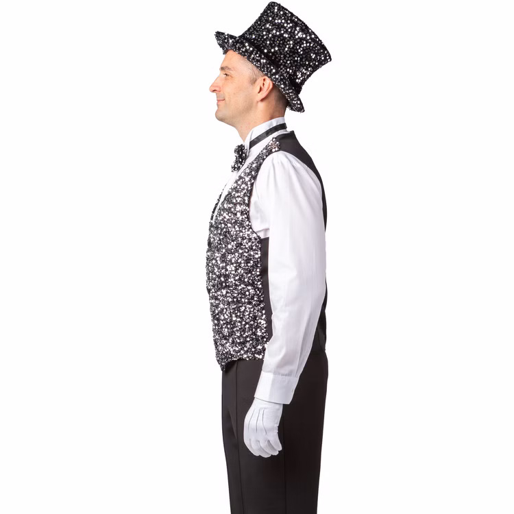 Weste mit Pailletten Silber Silvester Party-Outfit für Herren Gr. 49-58 Kostüm-Zubehör Gatsby 20er Jahre Mottoparty Fasching Karneval Weihnachten Ein Erwachsener trägt eine silberne Paillettenweste mit weißem Hemd und passendem Zylinder. Die Seitenansicht zeigt Passform und Glitzeroptik des Kostümteils.