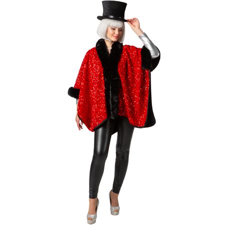 Zirkusdirektor Kostüm Poncho Rot Schwarz mit Pailletten für Damen