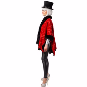 Zirkusdirektor Kostüm Poncho Rot Schwarz mit Pailletten für Damen Einheitsgröße 20er Jahre Mottoparty Fasching Karneval Seitenansicht des roten Paillettenponchos mit schwarzem Fellsaum. Die Frau trägt einen silbernen Body, schwarze Leggings und einen Zylinderhut.
