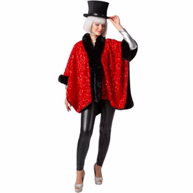 Zirkusdirektor Kostüm Poncho Rot Schwarz mit Pailletten für Damen Einheitsgröße 20er Jahre Mottoparty Fasching Karneval Vorderansicht einer Frau im roten Paillettenponcho. Sie hält ihren Zylinder mit einer Hand fest und steht in leichter Pose.