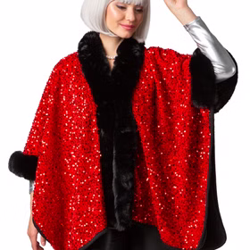 Zirkusdirektor Kostüm Poncho Rot Schwarz mit Pailletten für Damen Einheitsgröße 20er Jahre Mottoparty Fasching Karneval Detailaufnahme des Paillettenponchos von Vorne.