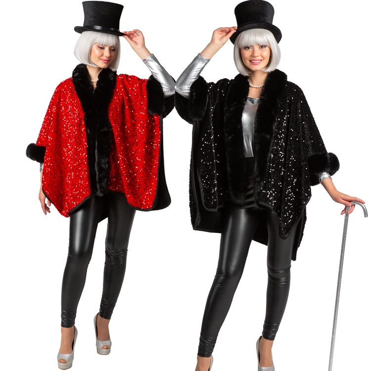 Zirkusdirektor Kostüm Poncho Rot Schwarz mit Pailletten für Damen Vorderansicht einer Frau im roten Paillettenponcho. Sie hält ihren Zylinder mit einer Hand fest und steht in leichter Pose.