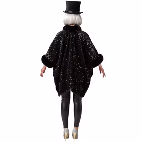 Extravaganter Poncho Schwarz mit Pailletten 20er Jahre Party für Damen Einheitsgröße 20er Jahre Mottoparty Fasching Karneval Charleston Revue Der schwarze Paillettenponcho wird von hinten gezeigt. Er fällt weit und locker, mit funkelnder Oberfläche und breitem Kragen aus schwarzem Frotteestoff.