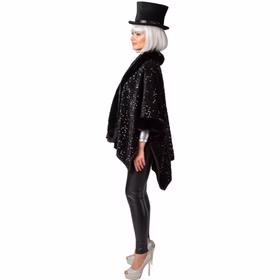 Extravaganter Poncho Schwarz mit Pailletten 20er Jahre Party für Damen Einheitsgröße 20er Jahre Mottoparty Fasching Karneval Charleston Revue Seitenansicht des Ponchos mit deutlicher Sicht auf die lockere Passform, die glänzenden Pailletten und den flauschigen Frotteebesatz an Kragen und Ärmeln.