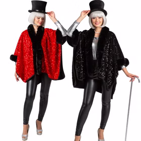 Extravaganter Poncho Schwarz mit Pailletten 20er Jahre Party für Damen Einheitsgröße 20er Jahre Mottoparty Fasching Karneval Charleston Revue Zwei Varianten des Paillettenponchos nebeneinander: rot-schwarz und komplett schwarz, getragen von Modellen mit hellem Bob und Zylinder.