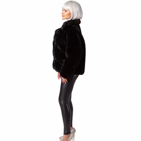 Plüschjacke Schwarz 90er Retro Look mit Futterstoff Vintage Style für Damen Gr. S-XXXL Fashion Kostüm-Basic 20er Jahre Charleston Fasching Karneval Mottoparty Mode Festival Seitenansicht der schwarzen Plüschjacke, die die voluminöse Silhouette und die langen Ärmel zeigt.