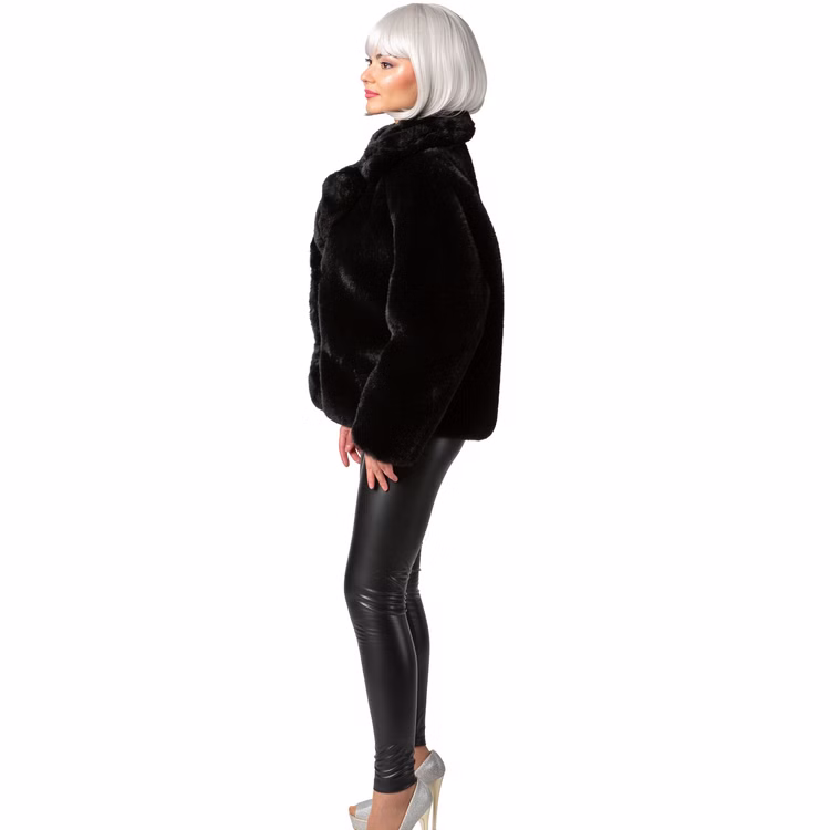 Plüschjacke Schwarz 90er Retro Look mit Futterstoff Vintage Style für Damen Gr. S-XXXL Fashion Kostüm-Basic 20er Jahre Charleston Fasching Karneval Mottoparty Mode Festival Seitenansicht der schwarzen Plüschjacke, die die voluminöse Silhouette und die langen Ärmel zeigt.