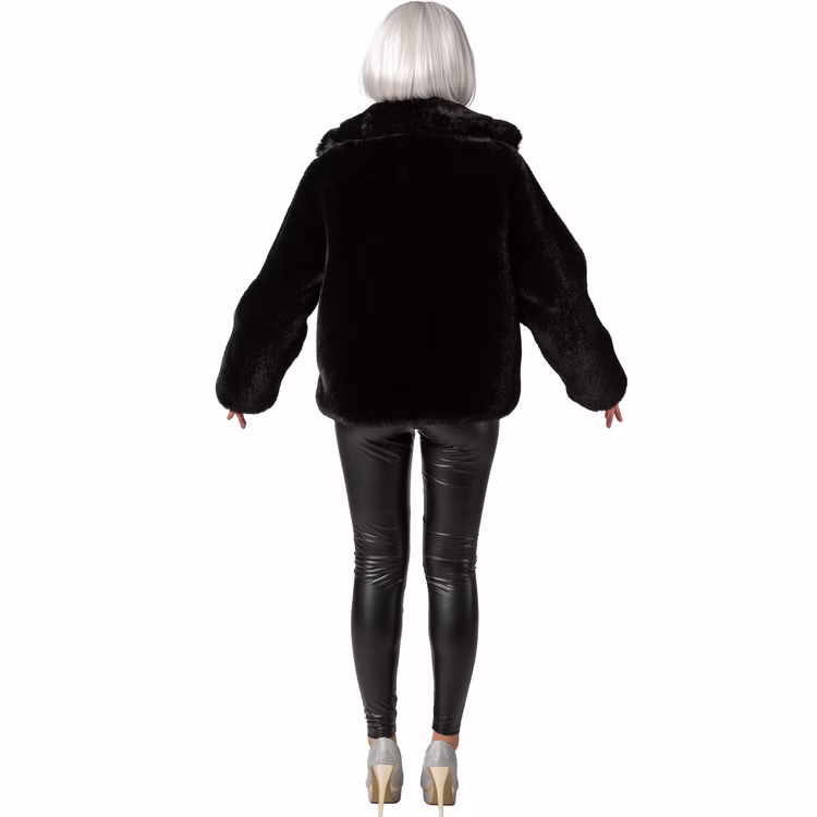 Plüschjacke Schwarz 90er Retro Look mit Futterstoff Vintage Style für Damen Gr. S-XXXL Fashion Kostüm-Basic 20er Jahre Charleston Fasching Karneval Mottoparty Mode Festival Rückansicht der Plüschjacke in Schwarz, die die gerade Form und das flauschige Material betont.