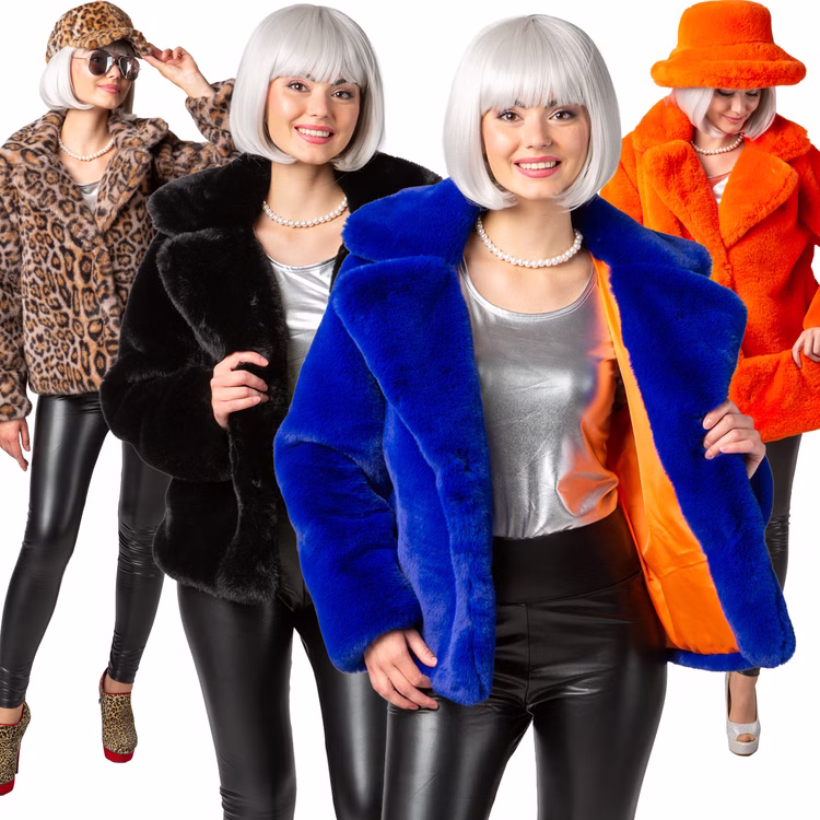 Plüschjacke Schwarz 90er Retro Look mit Futterstoff Vintage Style für Damen Gr. S-XXXL Fashion Kostüm-Basic 20er Jahre Charleston Fasching Karneval Mottoparty Mode Festival Mehrere Modelle präsentieren die Plüschjacke in verschiedenen Farben, darunter Schwarz, Royalblau, Orange und Leo-Optik.