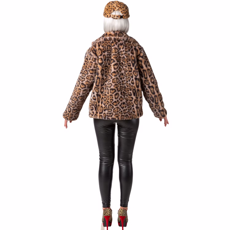 Plüschjacke Leo-Look 80er 90er Retro Look Tierkostüm mit Futterstoff Vintage Style für Damen Gr. S-XXXL Fashion Kostüm-Basic Street-Style Fasching Karneval Mottoparty Mode Festival Rückansicht einer Frau, die eine flauschige Plüschjacke mit Leopardenmuster trägt.