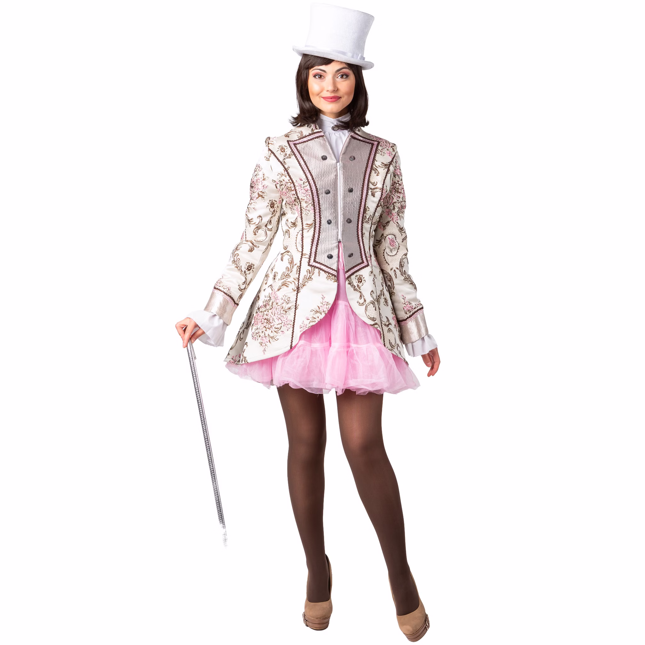 Garde Jacke Venezia Beige Brokatjacke mit Knöpfen für Damen Gr. 36-46 Barock Garde-Uniform Fasching Karneval Mottoparty Vollansicht einer Frau in eleganter Brokatjacke mit barockem Muster, rosa Unterrock und weißem Zylinder, frontal aufgenommen.