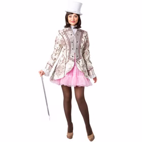 Garde Jacke Venezia Beige Brokatjacke mit Knöpfen für Damen Gr. 36-46 Barock Garde-Uniform Fasching Karneval Mottoparty Vollansicht einer Frau in eleganter Brokatjacke mit barockem Muster, rosa Unterrock und weißem Zylinder, frontal aufgenommen.