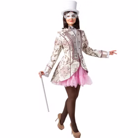 Garde Jacke Venezia Beige Brokatjacke mit Knöpfen für Damen Gr. 36-46 Barock Garde-Uniform Fasching Karneval Mottoparty Dame in Brokatjacke „Venezia“ mit ausgestelltem Rockteil, rosa Tüllrock und weißem Zylinder, posiert tanzend mit einem silbernen Gehstock.