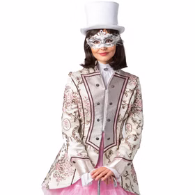Garde Jacke Venezia Beige Brokatjacke mit Knöpfen für Damen Gr. 36-46 Barock Garde-Uniform Fasching Karneval Mottoparty Frau in detailreicher Brokatjacke in Beige und Rosa, frontal aufgenommen, trägt eine weiße venezianische Maske und einen weißen Zylinder.