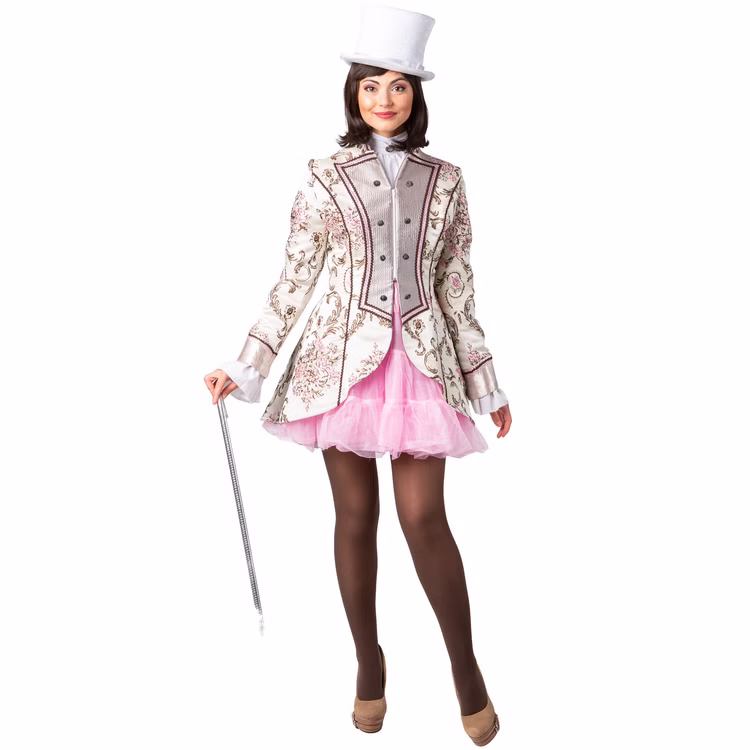 Garde Jacke Venezia Beige Brokatjacke mit Knöpfen für Damen Gr. 36-46 Barock Garde-Uniform Fasching Karneval Mottoparty Vollansicht einer Frau in eleganter Brokatjacke mit barockem Muster, rosa Unterrock und weißem Zylinder, frontal aufgenommen.